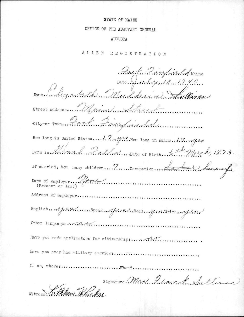 Miniature of Alien Registration- Sullivan, Elizabeth M. (Fort Fairfield, Aroostook County)