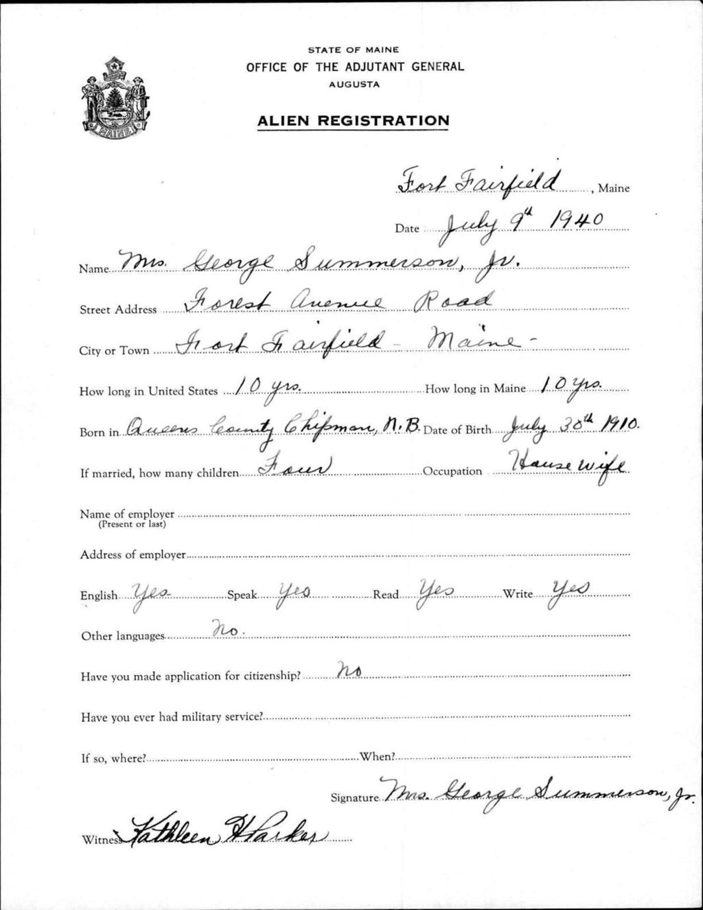 Miniature of Alien Registration- Summerson, George (Fort Fairfield, Aroostook County)
