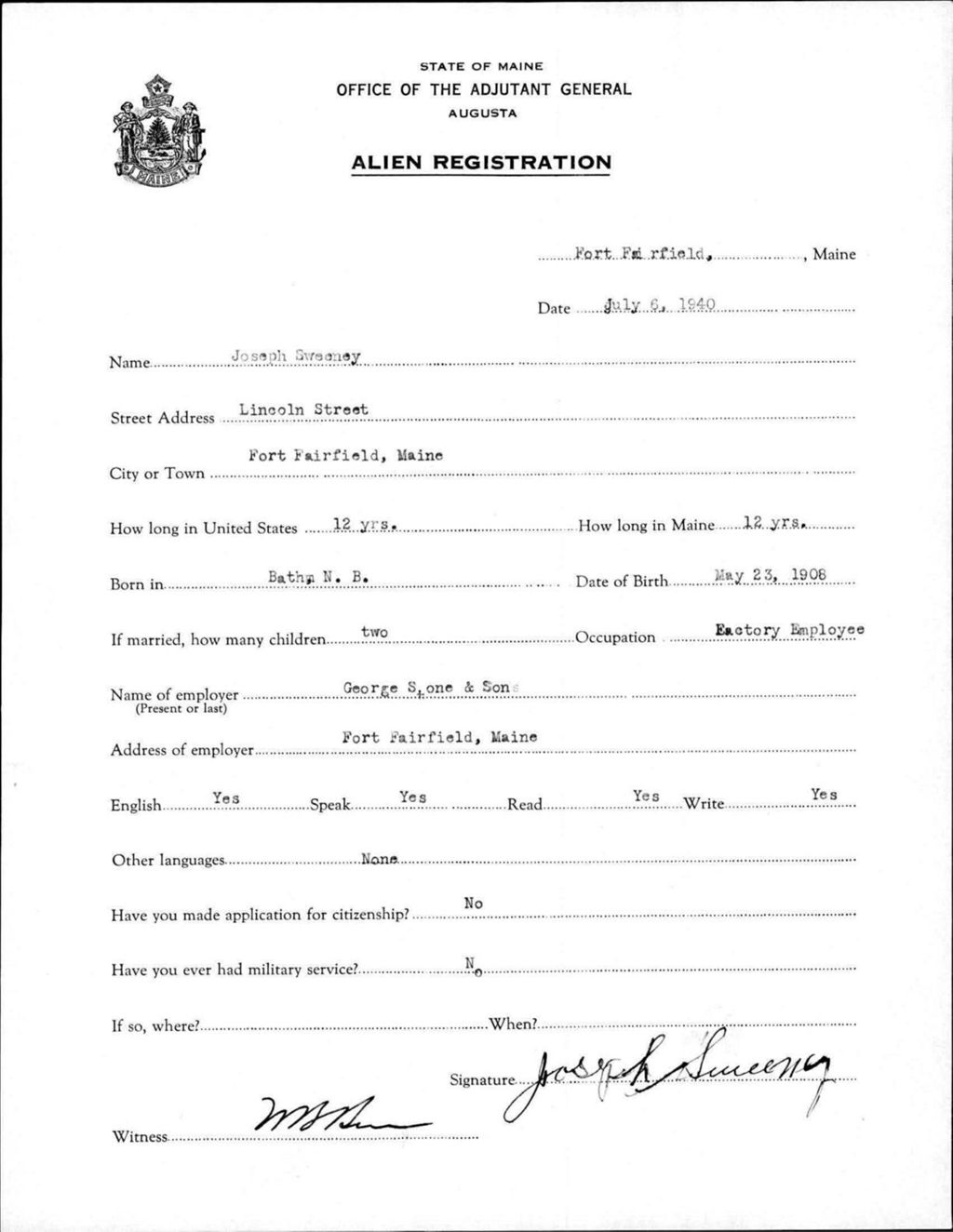 Miniature of Alien Registration- Sweeney, Joseph (Fort Fairfield, Aroostook County)