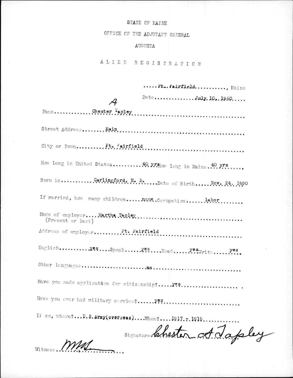 Miniature of Alien Registration- Tapley, Chester A. (Fort Fairfield, Aroostook County)