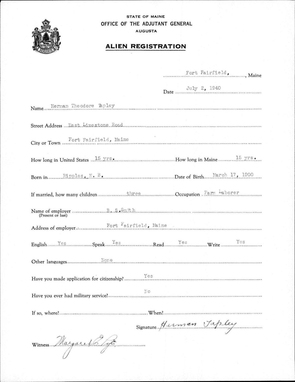 Miniature of Alien Registration- Tapley, Herman T. (Fort Fairfield, Aroostook County)