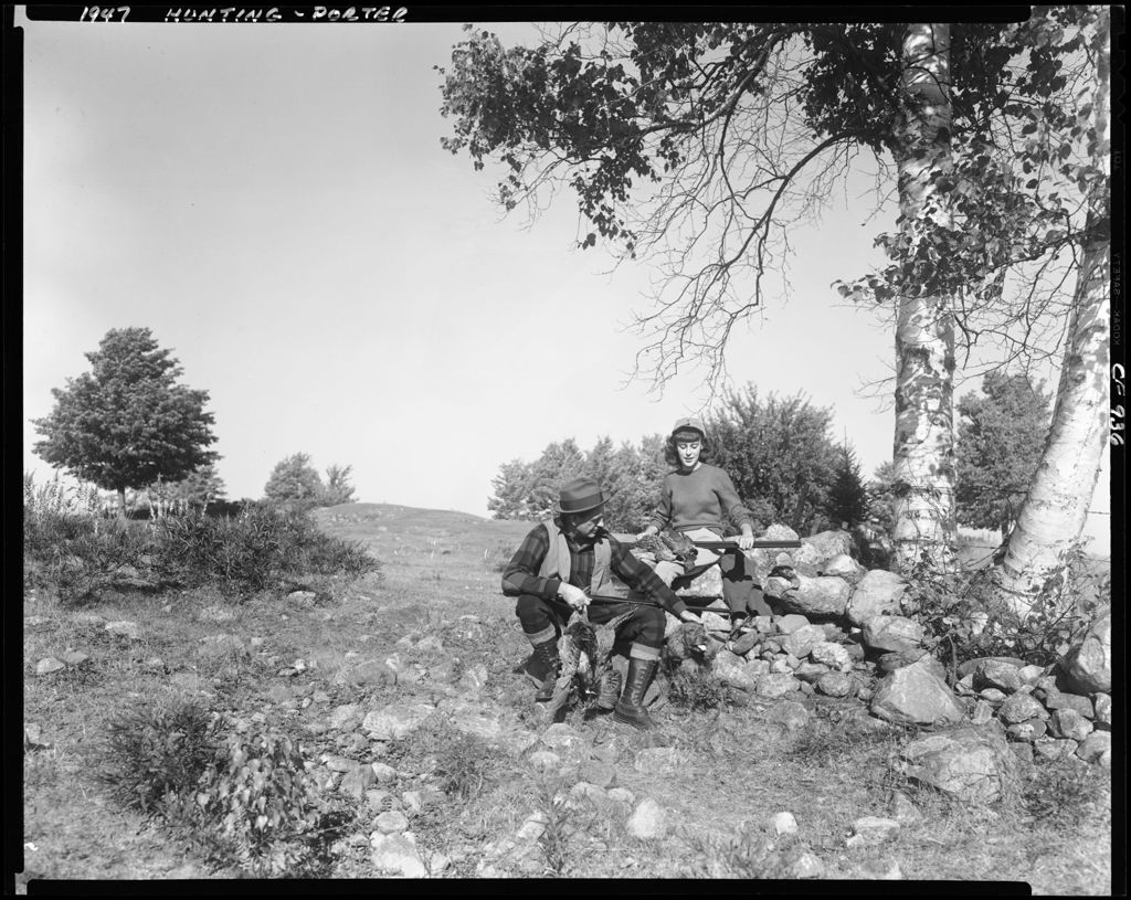 Miniature of Partridge Hunters With Their Days Bag Sitting On A Pile Of Rocks In Porter, Dog Nearby