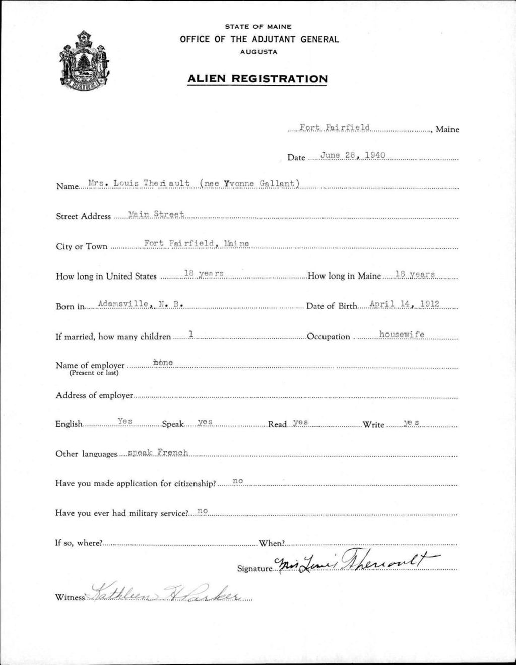 Miniature of Alien Registration- Gallant, Yvonne (Fort Fairfield, Aroostook County)
