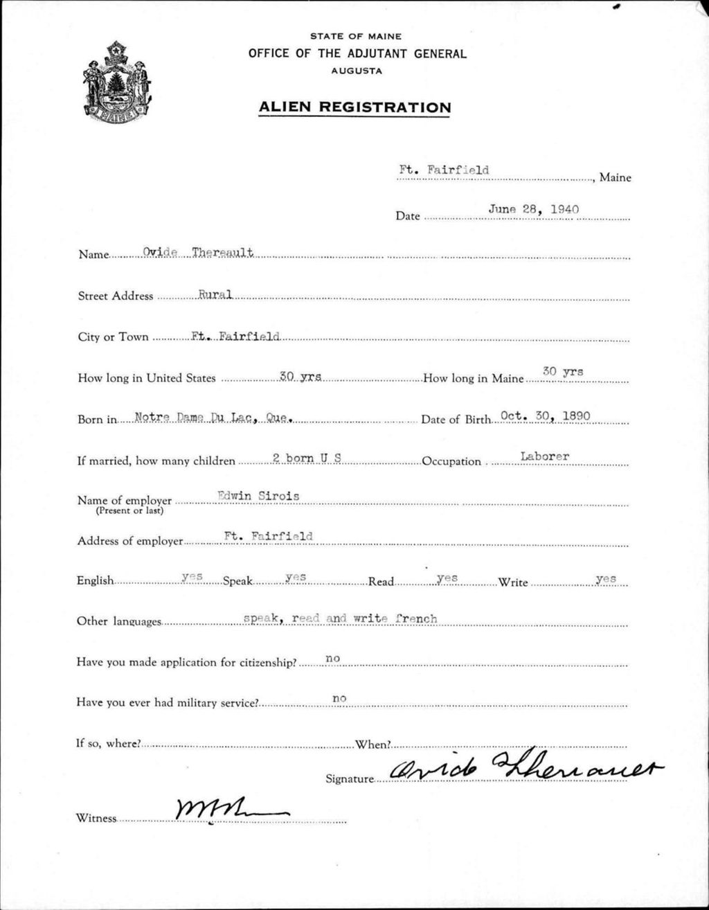 Miniature of Alien Registration- Theriault, Ovide (Fort Fairfield, Aroostook County)