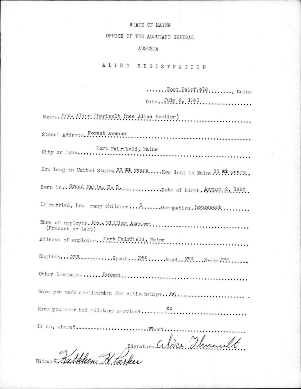 Miniature of Alien Registration- Boulier, Alice (Fort Fairfield, Aroostook County)
