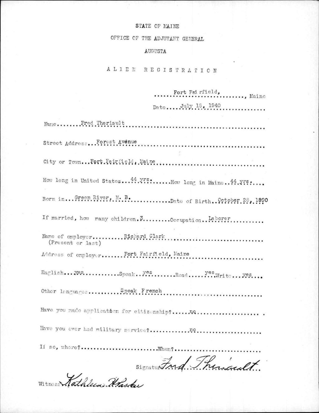 Miniature of Alien Registration- Theriault, Fred (Fort Fairfield, Aroostook County)