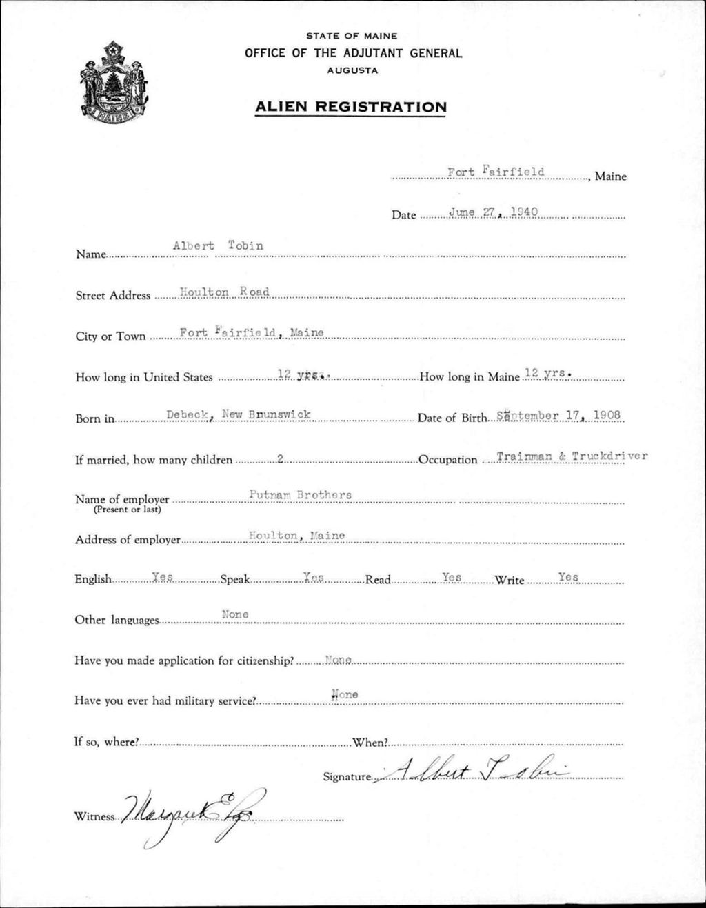 Miniature of Alien Registration- Tobin, Albert (Fort Fairfield, Aroostook County)