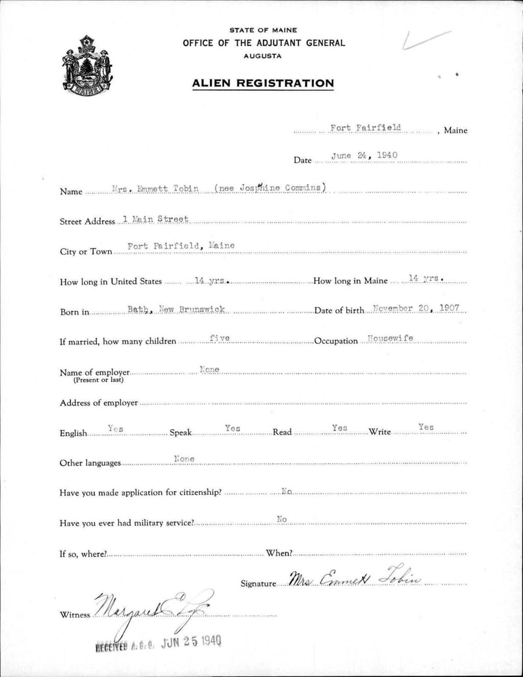 Miniature of Alien Registration- Commins, Josephine (Fort Fairfield, Aroostook County)