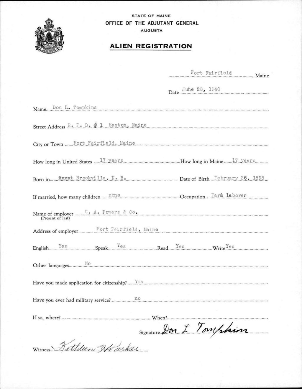 Miniature of Alien Registration- Tompkins, Don L. (Fort Fairfield, Aroostook County)