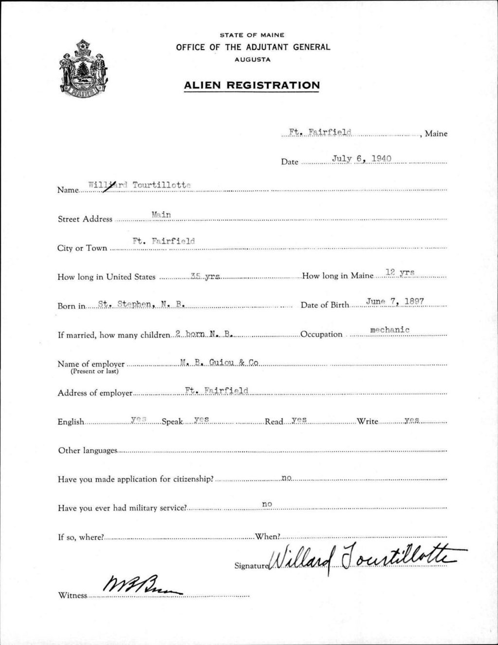 Miniature of Alien Registration- Tourtillotte, Willard (Fort Fairfield, Aroostook County)