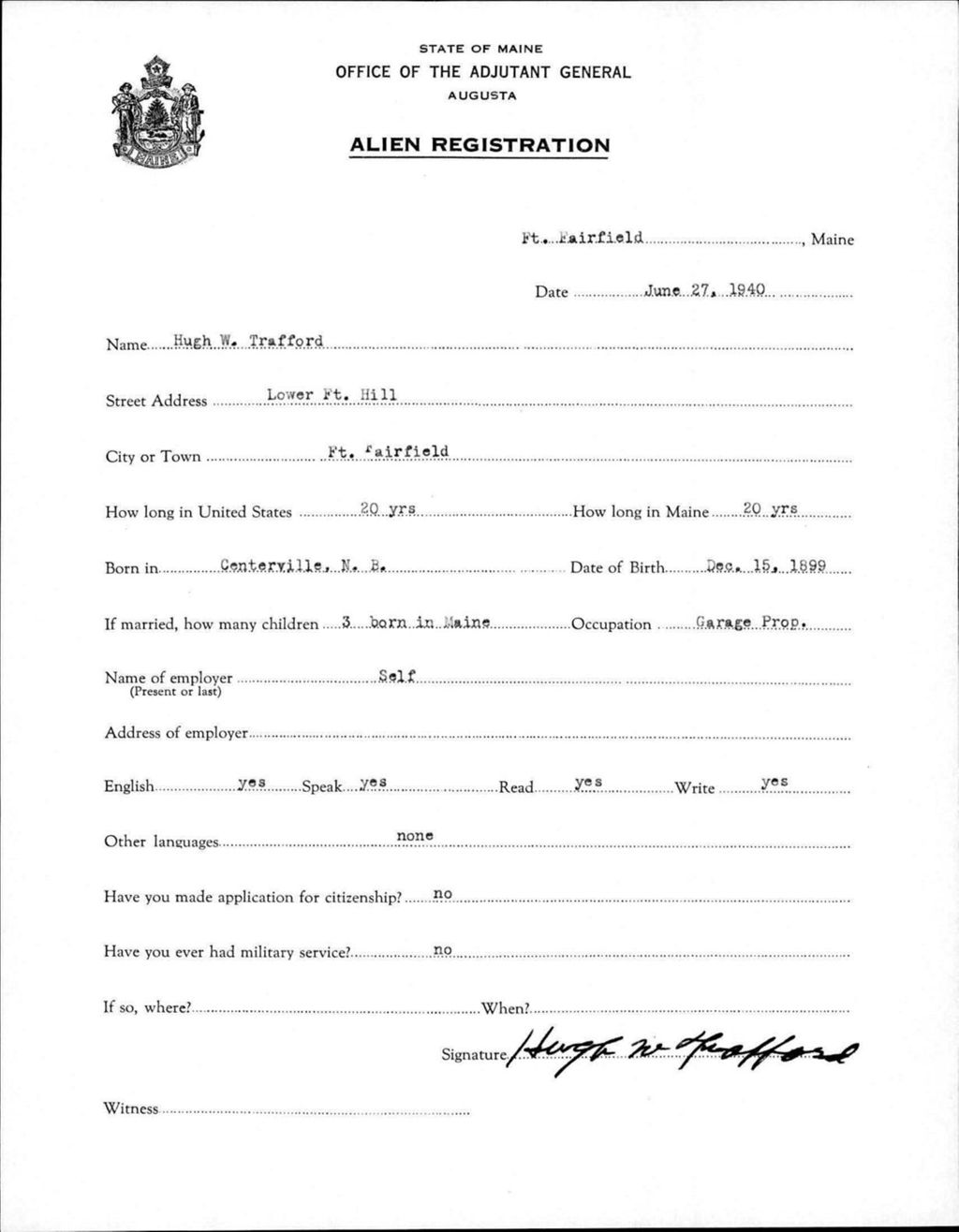 Miniature of Alien Registration- Trafford, Hugh W. (Fort Fairfield, Aroostook County)