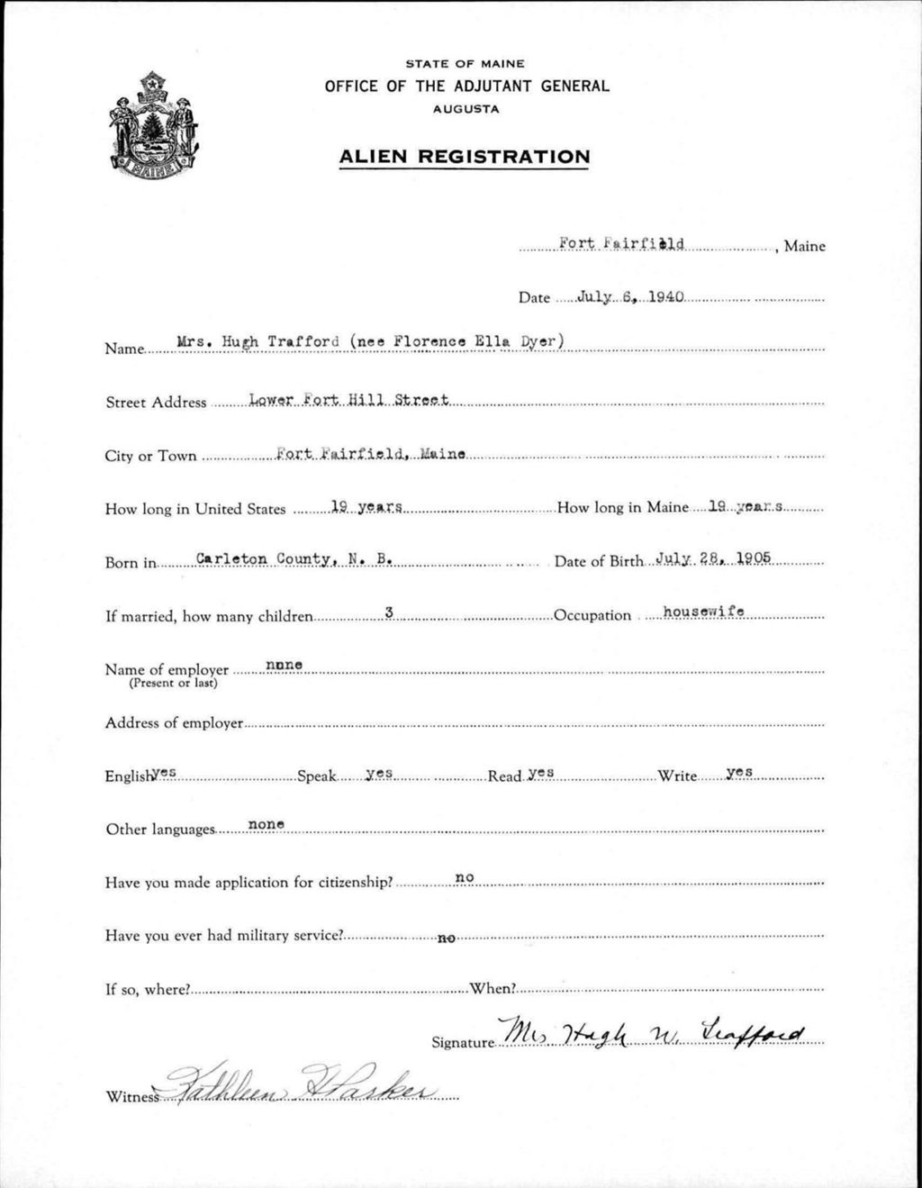 Miniature of Alien Registration- Dyer, Florence E. (Fort Fairfield, Aroostook County)