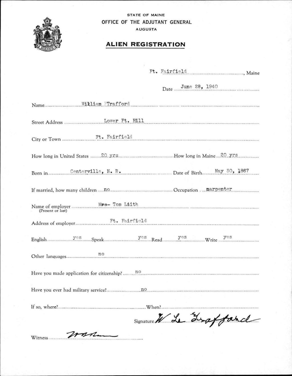 Miniature of Alien Registration- Trafford, William (Fort Fairfield, Aroostook County)