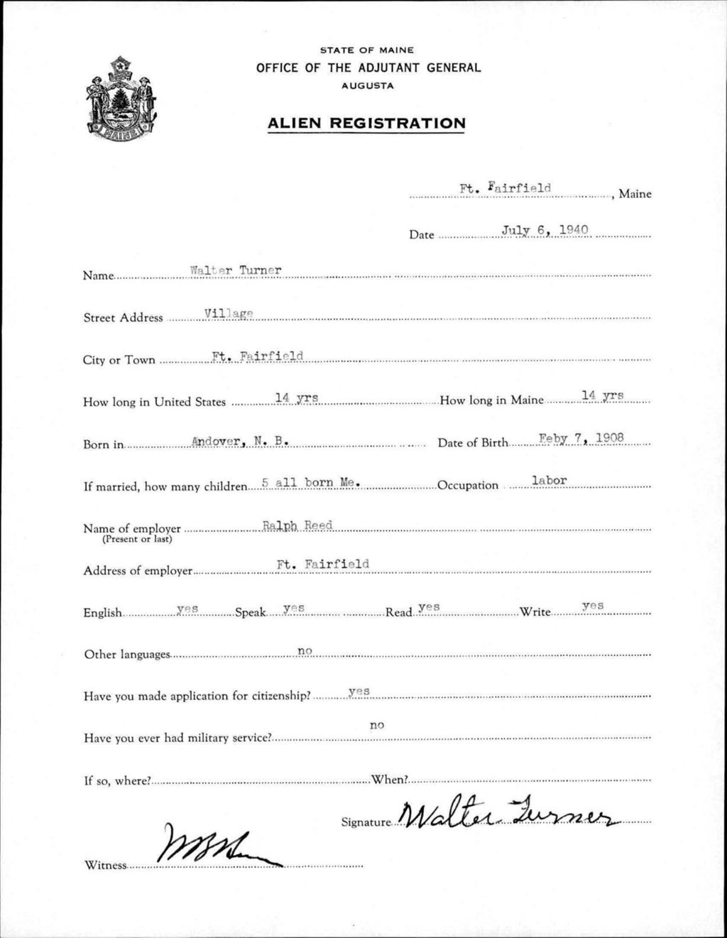 Miniature of Alien Registration- Turner, Walter (Fort Fairfield, Aroostook County)