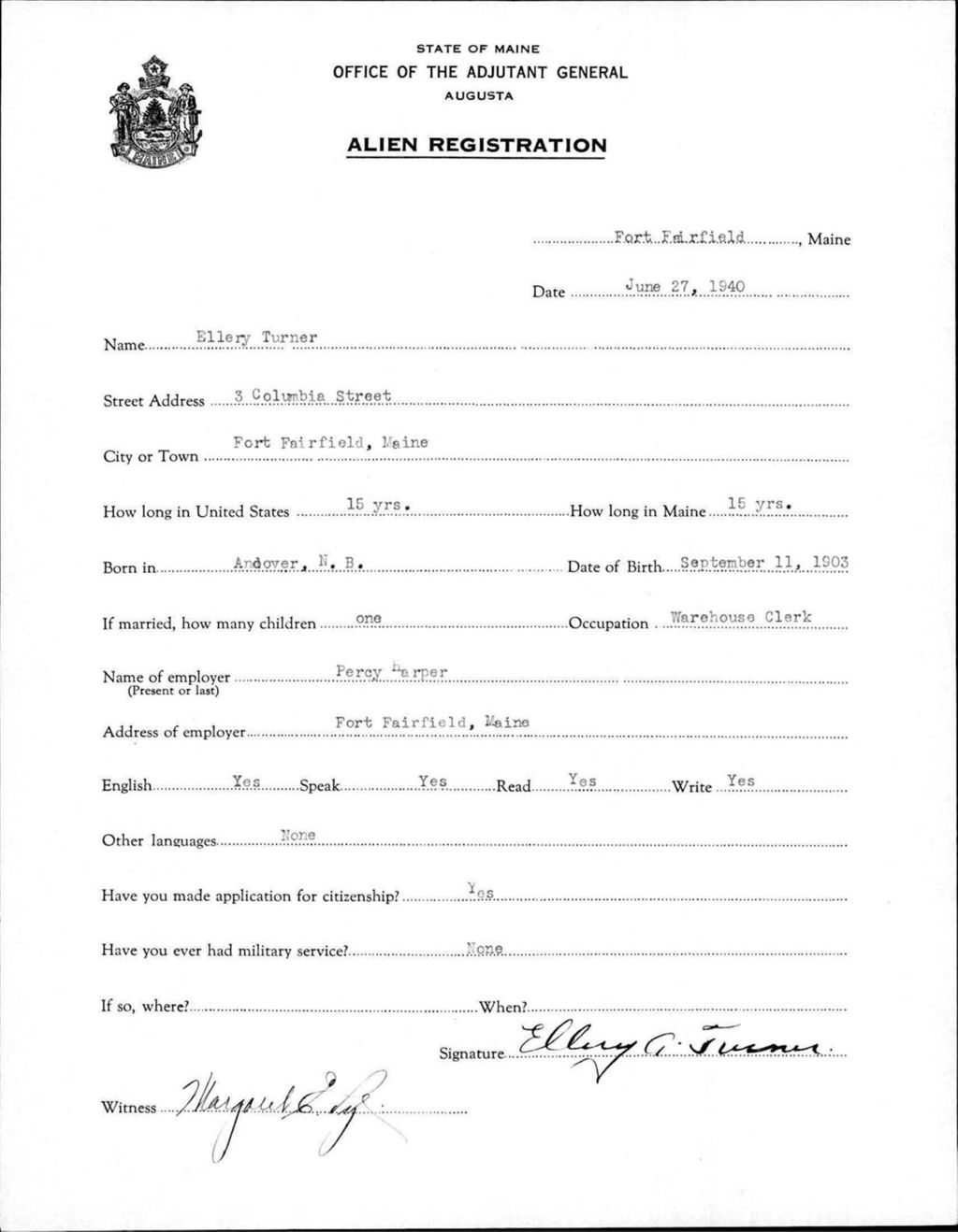 Miniature of Alien Registration- Turner, Ellery (Fort Fairfield, Aroostook County)