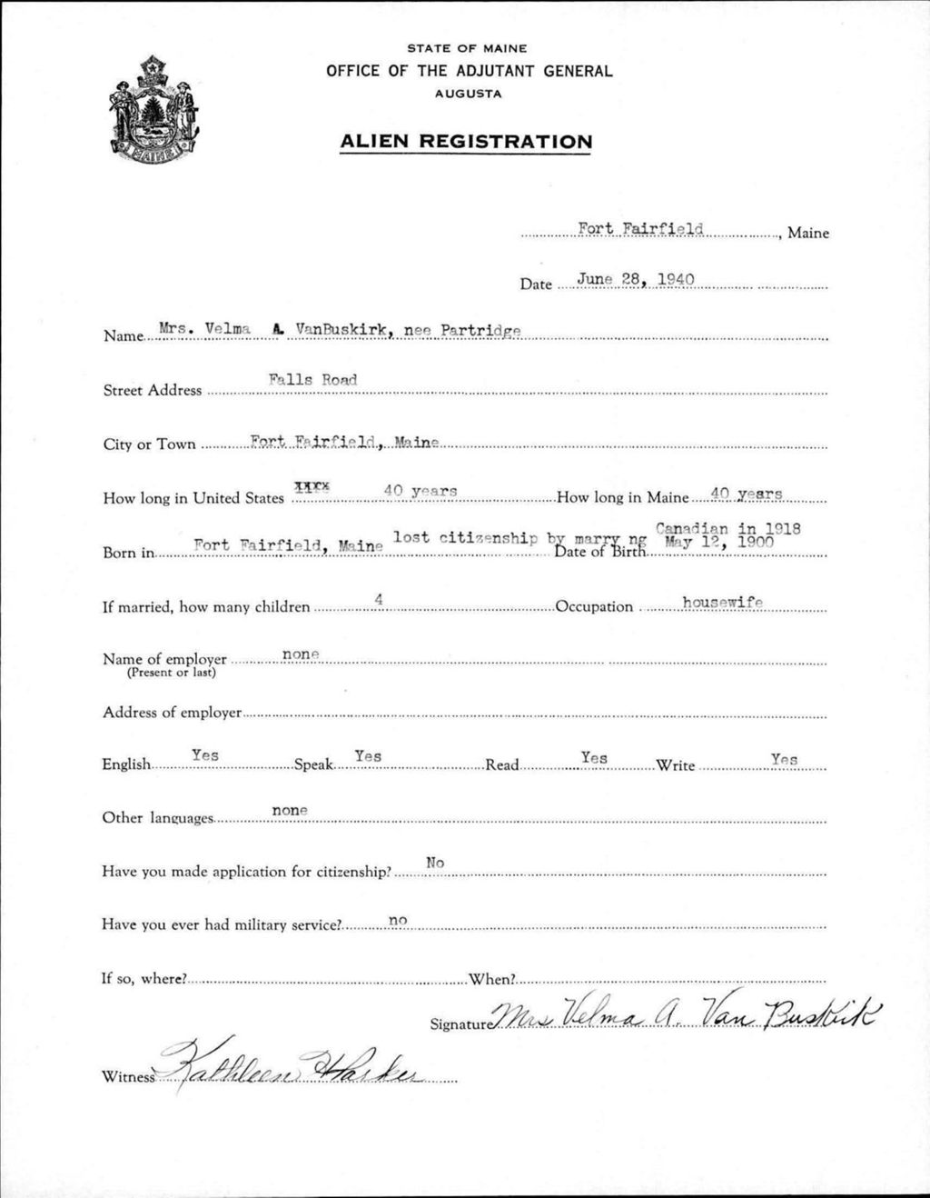 Miniature of Alien Registration- Partridge, Velma A. (Fort Fairfield, Aroostook County)