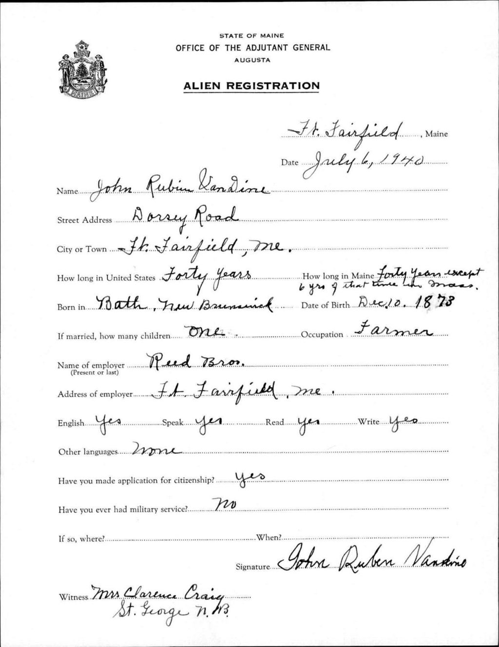 Miniature of Alien Registration- Van Diore, John R. (Fort Fairfield, Aroostook County)