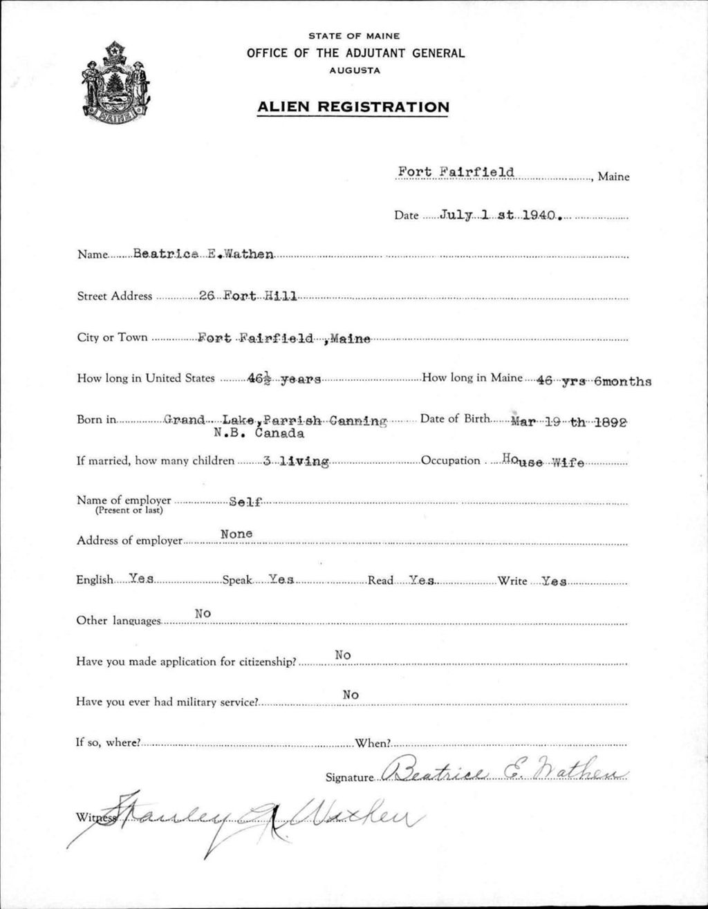 Miniature of Alien Registration- Wathen, Beatrice E. (Fort Fairfield, Aroostook County)