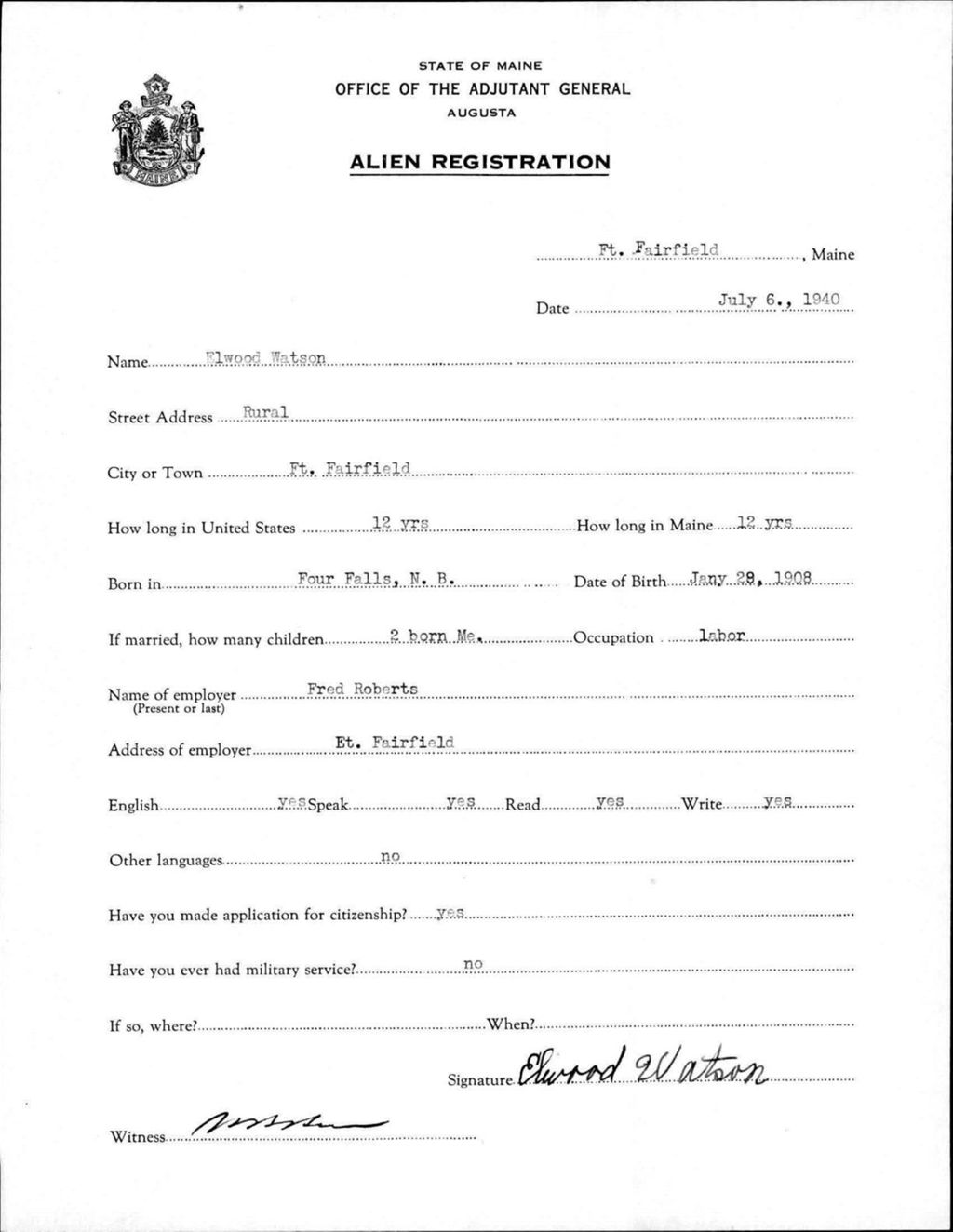 Miniature of Alien Registration- Watson, Elwood (Fort Fairfield, Aroostook County)