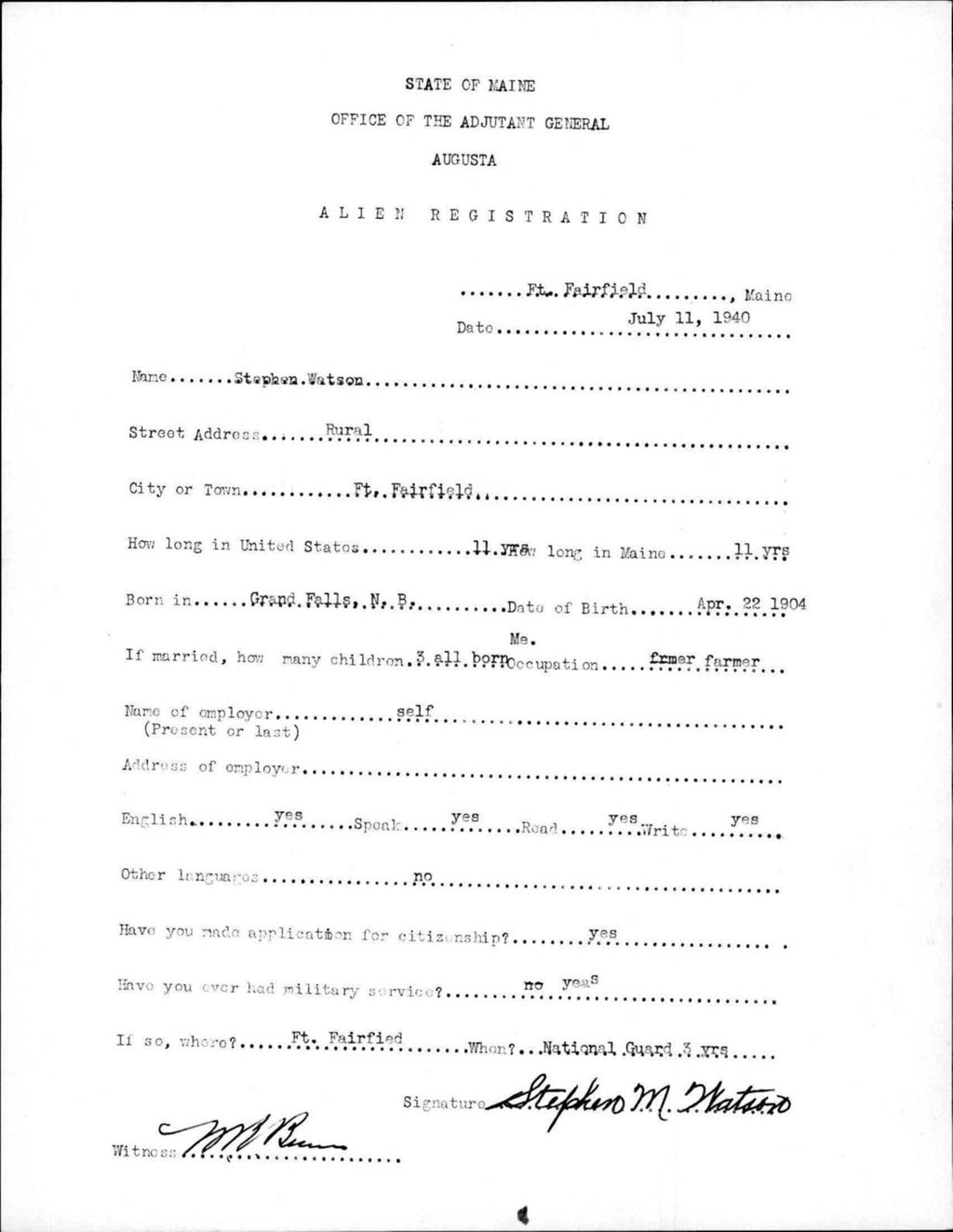 Miniature of Alien Registration- Watson, Stephen (Fort Fairfield, Aroostook County)