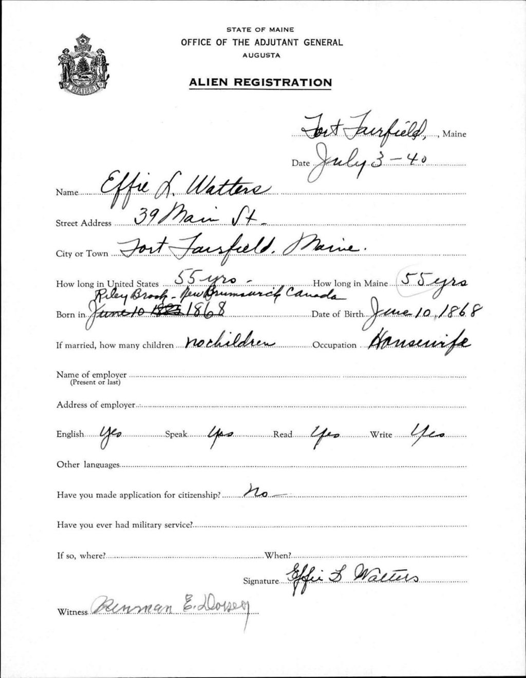 Miniature of Alien Registration- Watters, Effie L. (Fort Fairfield, Aroostook County)