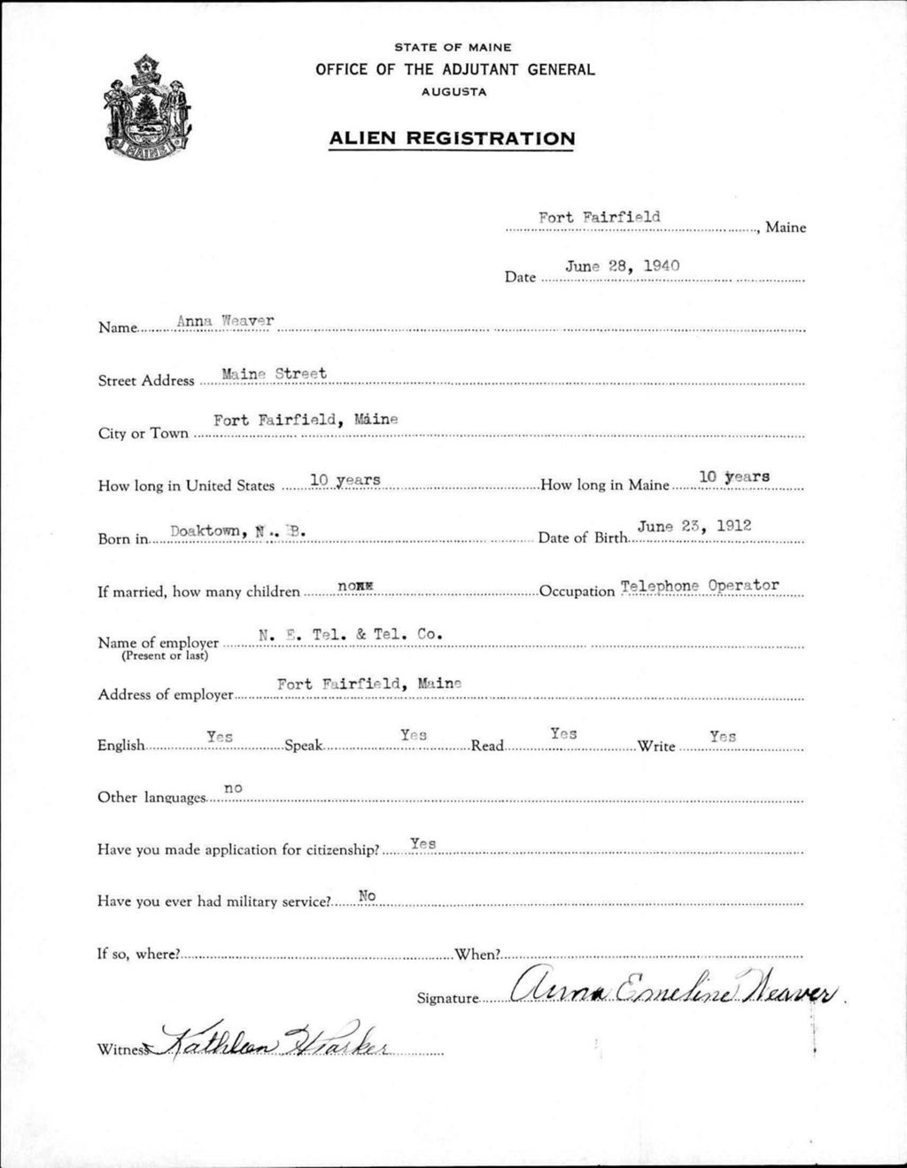 Miniature of Alien Registration- Weaver, Anna (Fort Fairfield, Aroostook County)