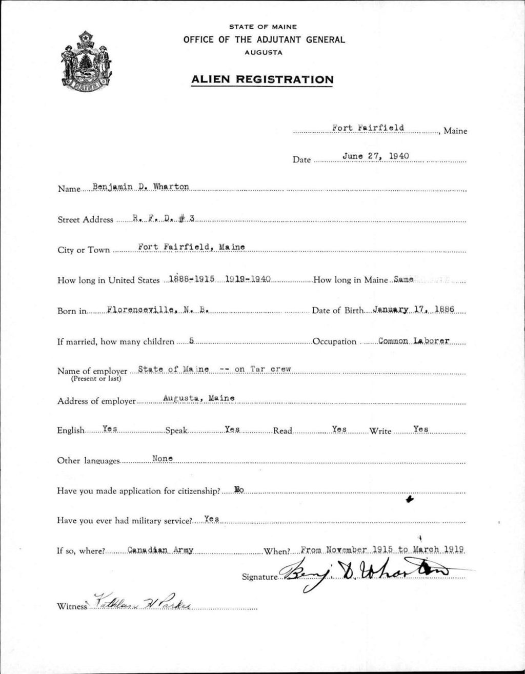 Miniature of Alien Registration- Wharton, Benjamin D. (Fort Fairfield, Aroostook County)