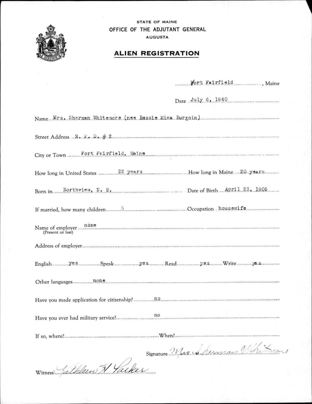 Miniature of Alien Registration- Burgoin, Bessie M. (Fort Fairfield, Aroostook County)