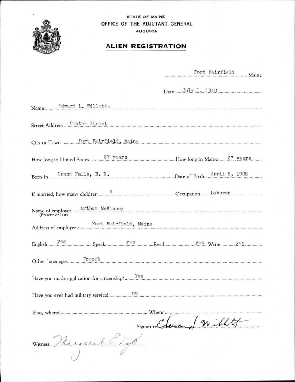 Miniature of Alien Registration- Willette, Edward L. (Fort Fairfield, Aroostook County)