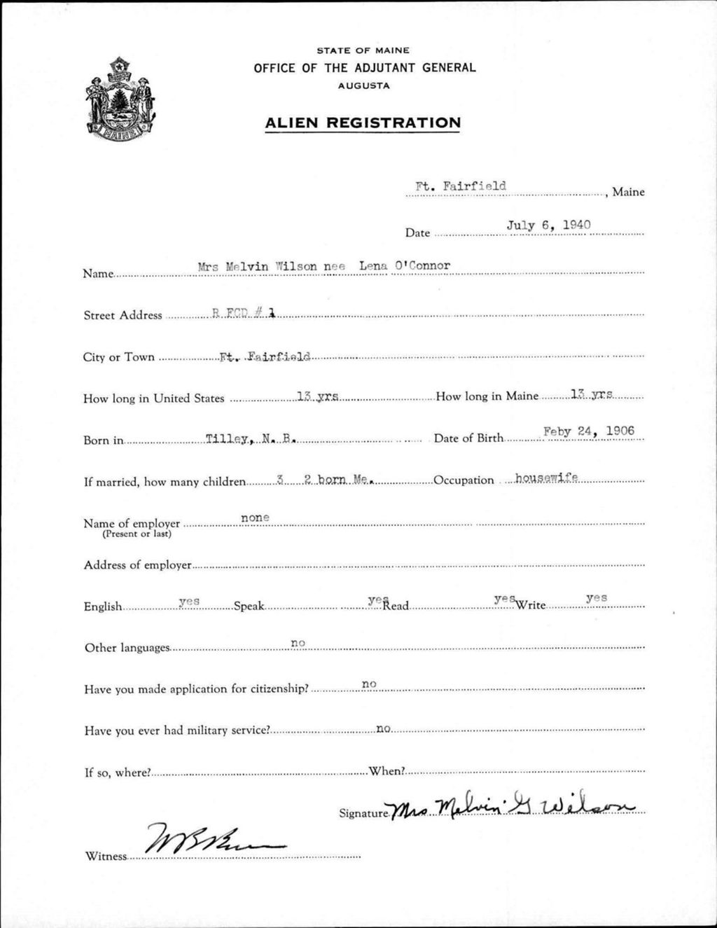 Miniature of Alien Registration- Oconnor, Lena (Fort Fairfield, Aroostook County)