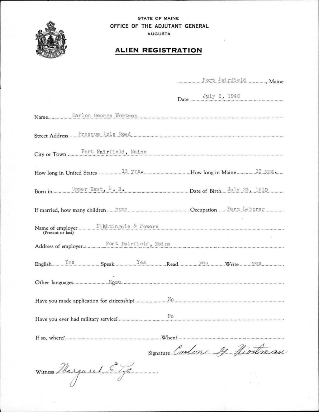 Miniature of Alien Registration- Wortman, Earlon G. (Fort Fairfield, Aroostook County)