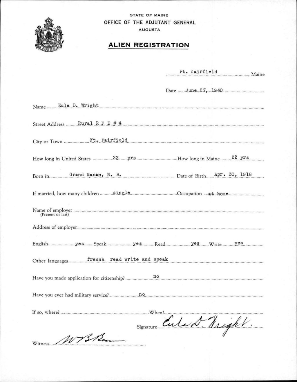 Miniature of Alien Registration- Wright, Eula D. (Fort Fairfield, Aroostook County)