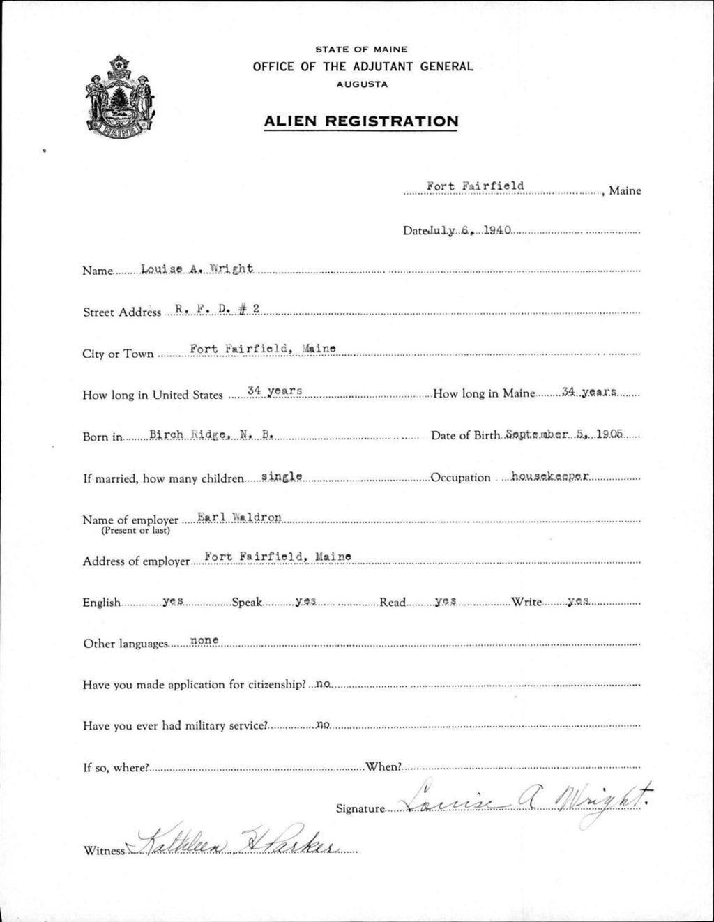 Miniature of Alien Registration- Wright, Louise A. (Fort Fairfield, Aroostook County)