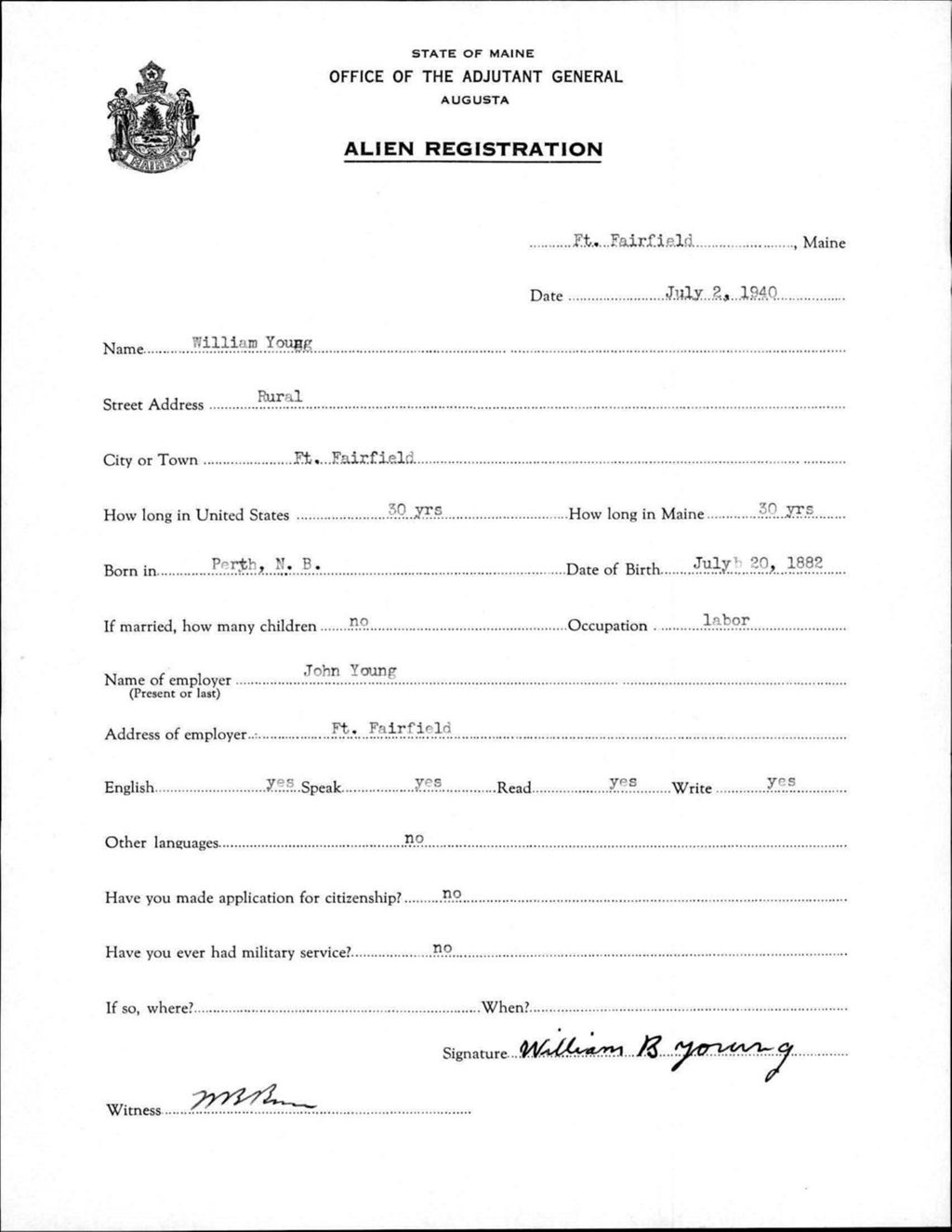 Miniature of Alien Registration- Young, William (Fort Fairfield, Aroostook County)