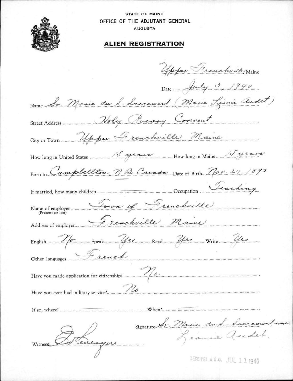 Miniature of Alien Registration- Aduet, Marie L. (Fort Fairfield, Aroostook County)