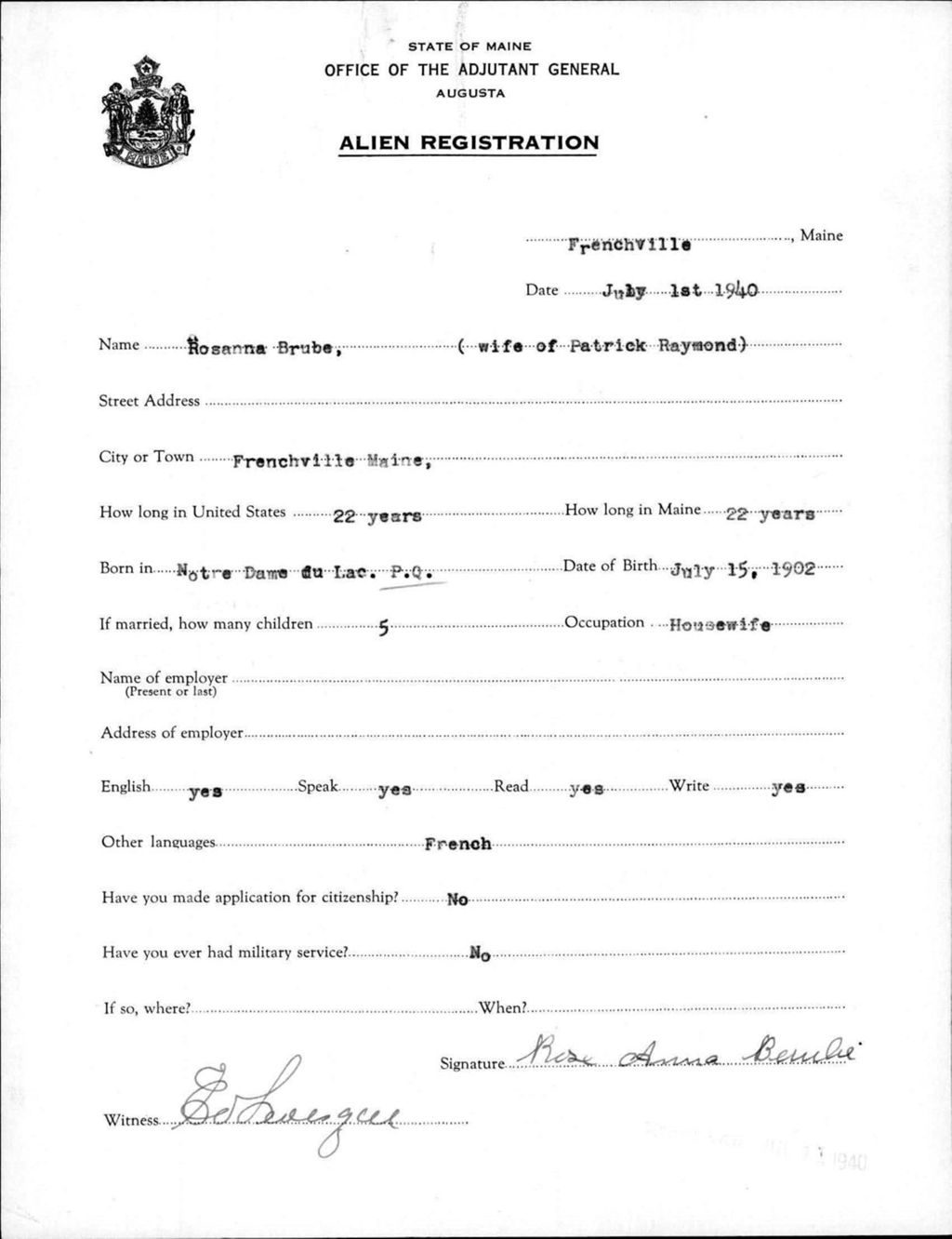Miniature of Alien Registration- Brube, Rosanna (Fort Fairfield, Aroostook County)