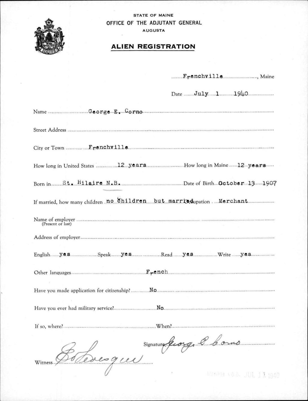 Miniature of Alien Registration- Corno, George E. (Fort Fairfield, Aroostook County)