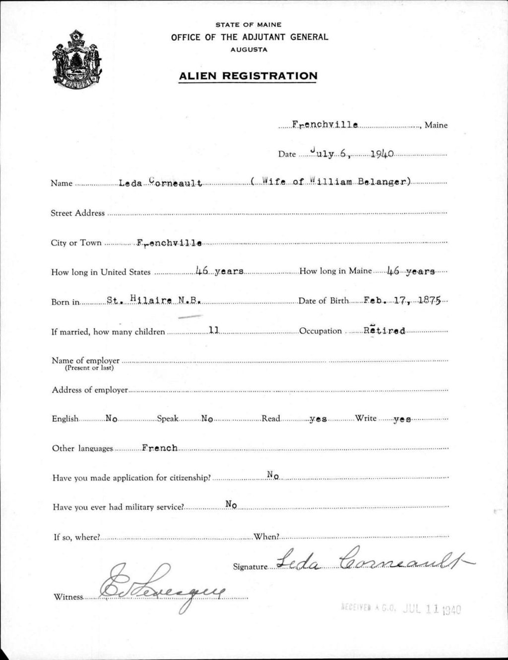 Miniature of Alien Registration- Corneault, Leda (Fort Fairfield, Aroostook County)