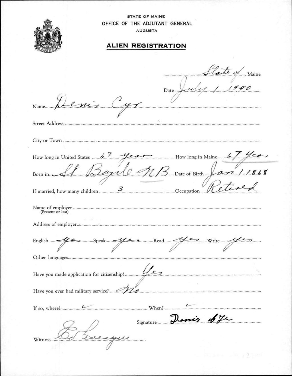 Miniature of Alien Registration- Cyr, Denis (Fort Fairfield, Aroostook County)