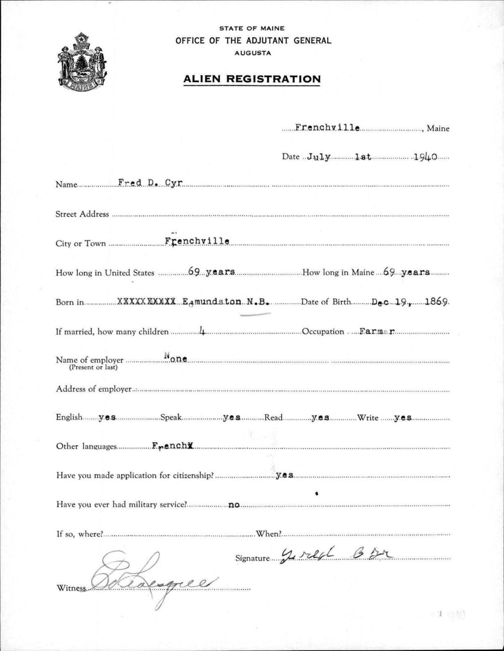 Miniature of Alien Registration- Cyr, Fred D. (Fort Fairfield, Aroostook County)
