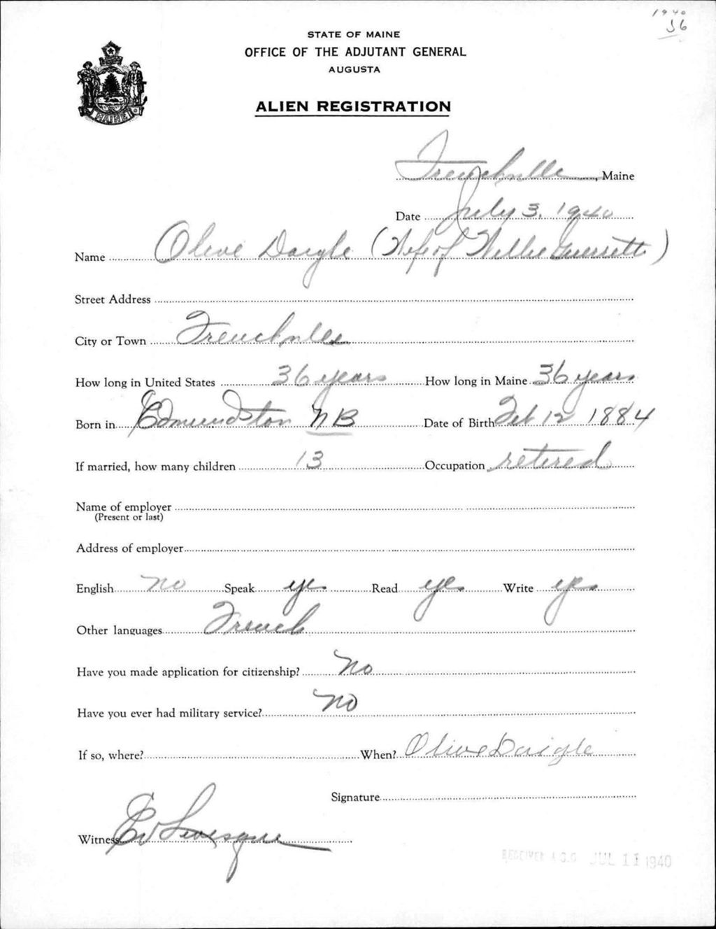 Miniature of Alien Registration- Daigle, Olive (Fort Fairfield, Aroostook County)