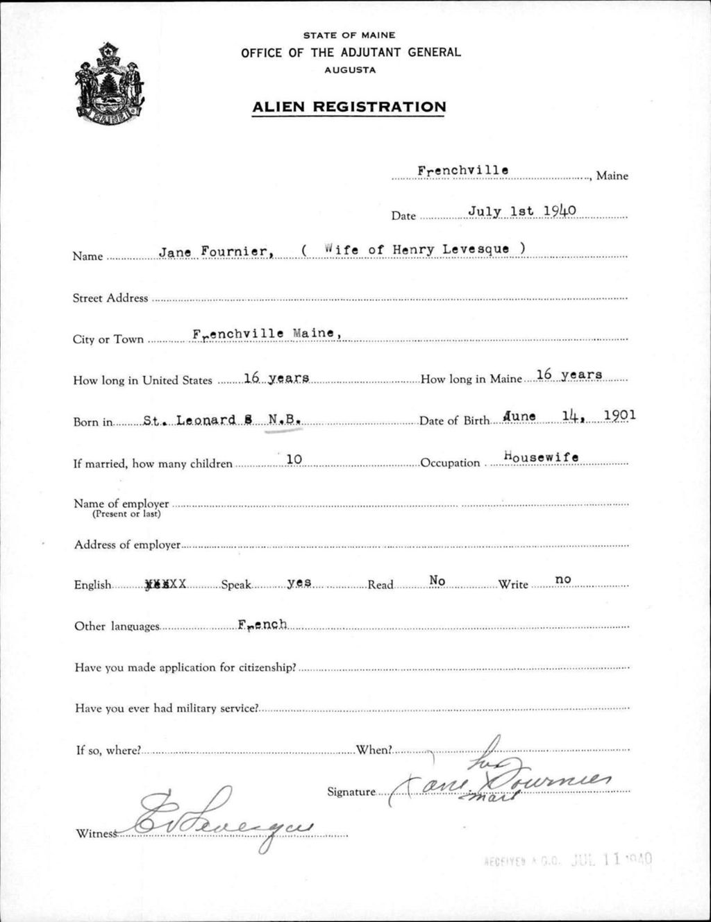 Miniature of Alien Registration- Fournier, Jane (Fort Fairfield, Aroostook County)