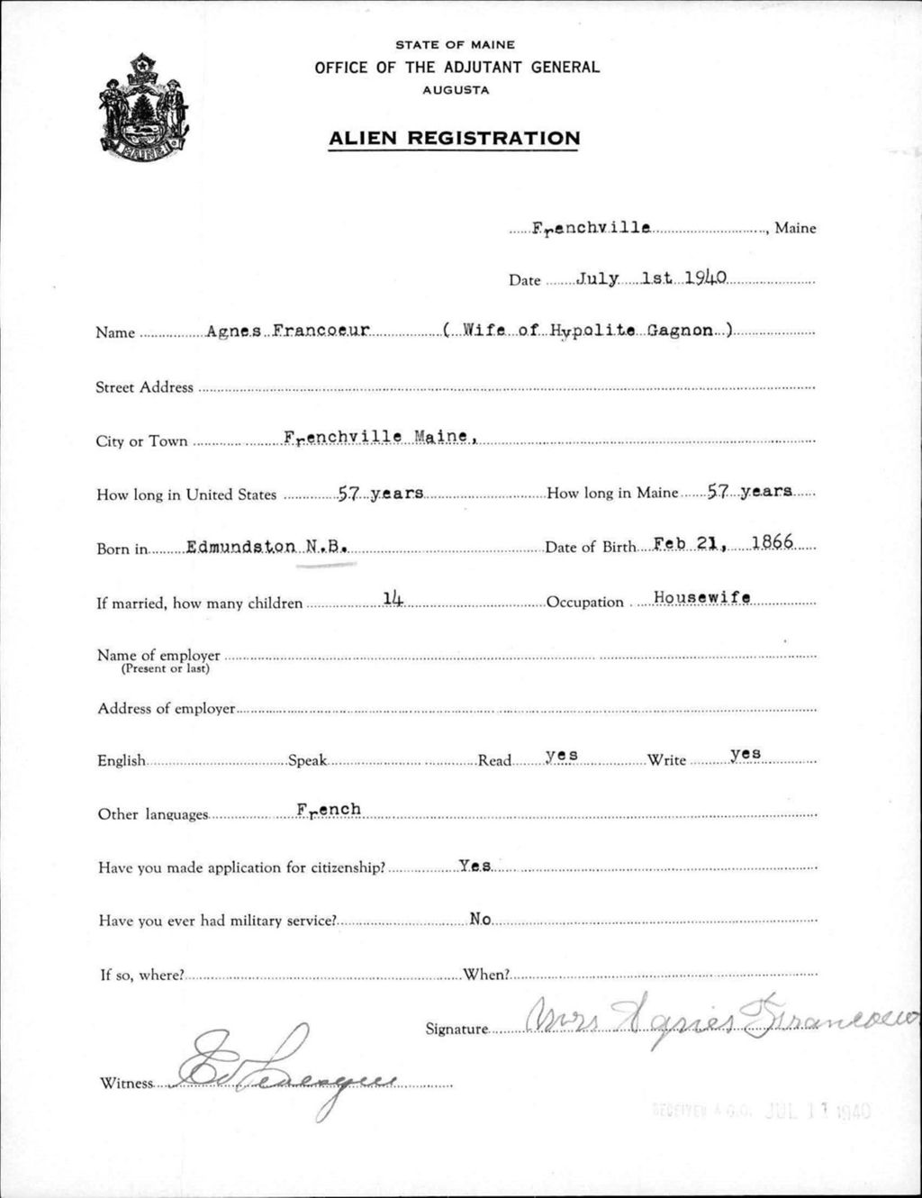 Miniature of Alien Registration- Francoeur, Agnes (Fort Fairfield, Aroostook County)