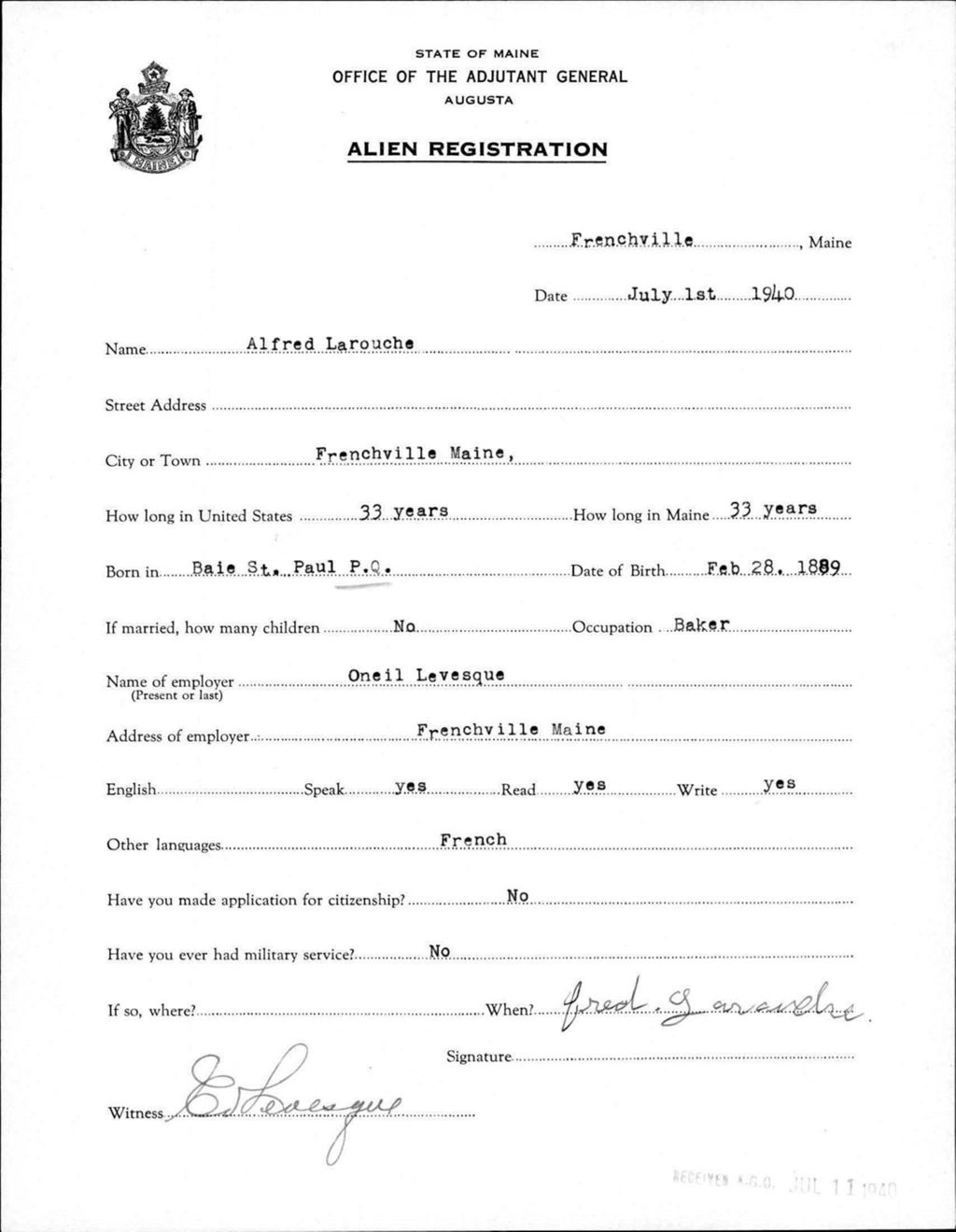 Miniature of Alien Registration- Larouche, Alfred (Fort Fairfield, Aroostook County)
