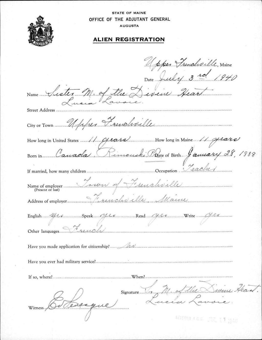 Miniature of Alien Registration- Lavoie, Lucia (Fort Fairfield, Aroostook County)