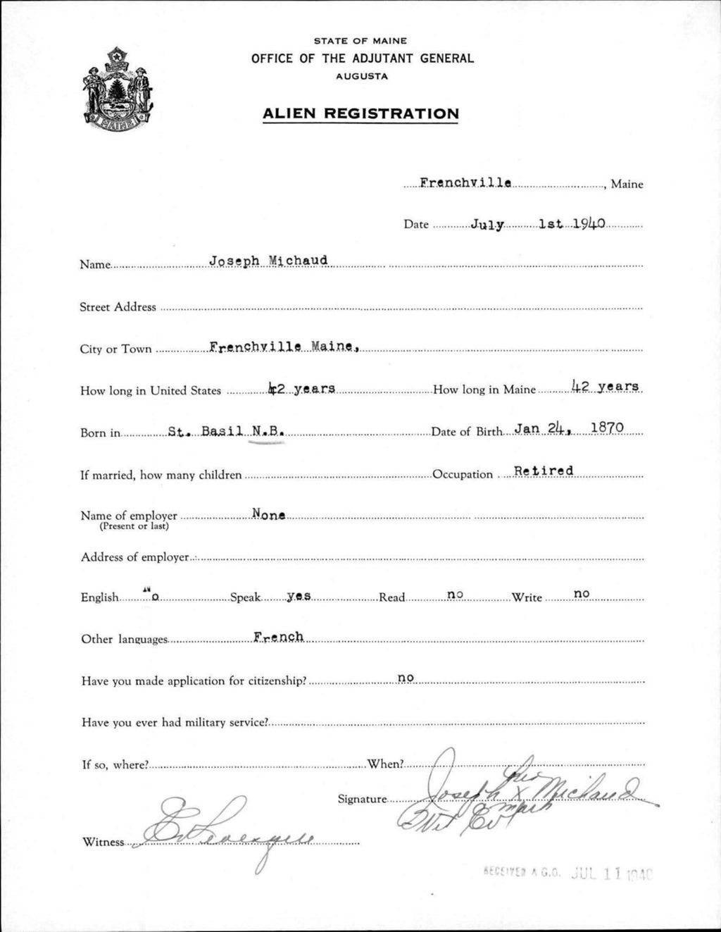 Miniature of Alien Registration- Michaud, Joseph (Fort Fairfield, Aroostook County)