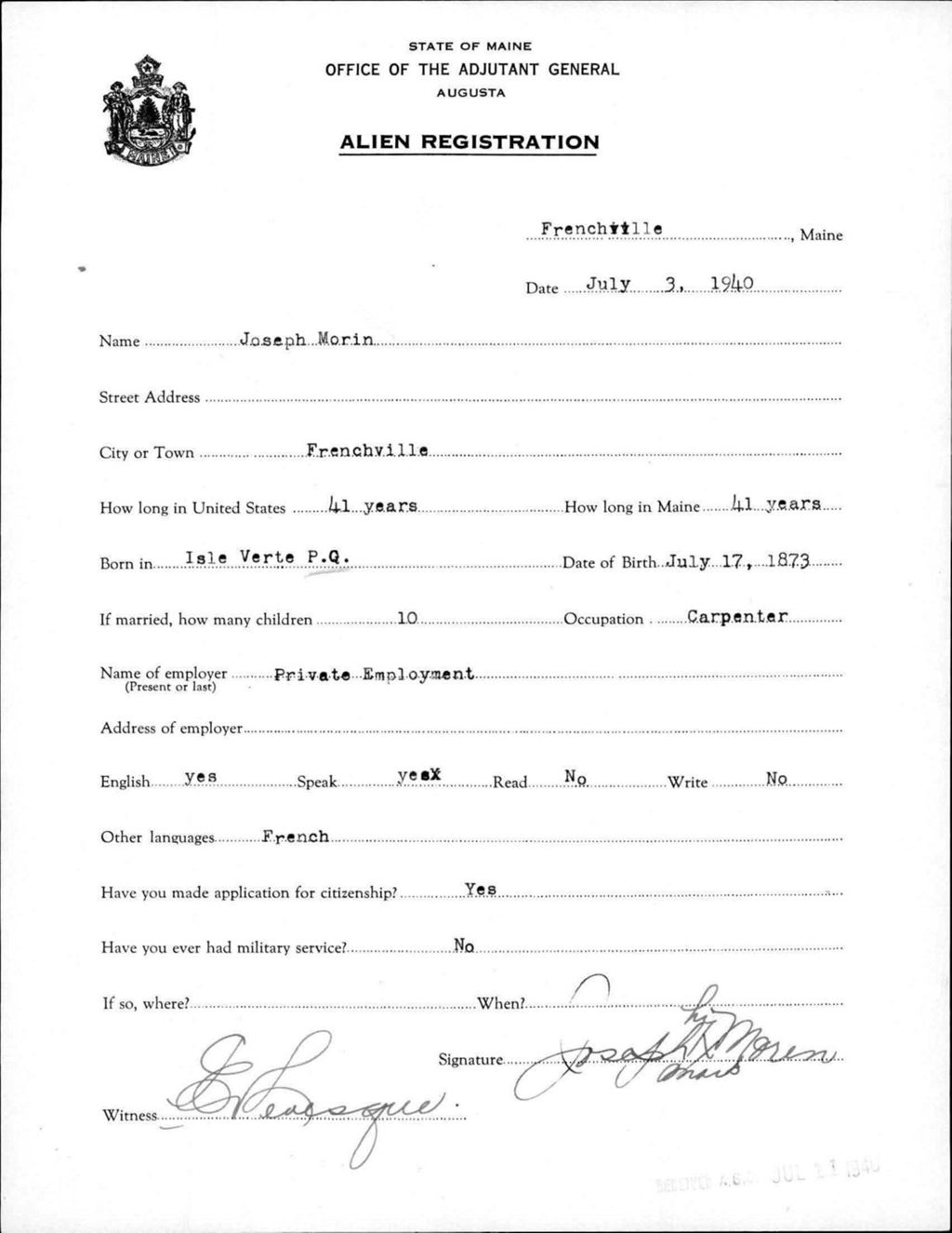 Miniature of Alien Registration- Morin, Joseph (Fort Fairfield, Aroostook County)