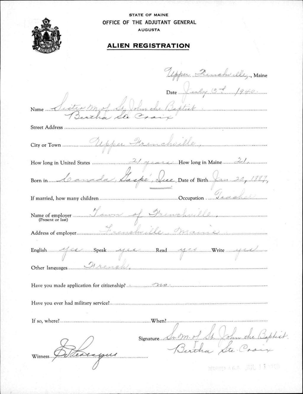 Miniature of Alien Registration- St Croix, Bertha (Fort Fairfield, Aroostook County)