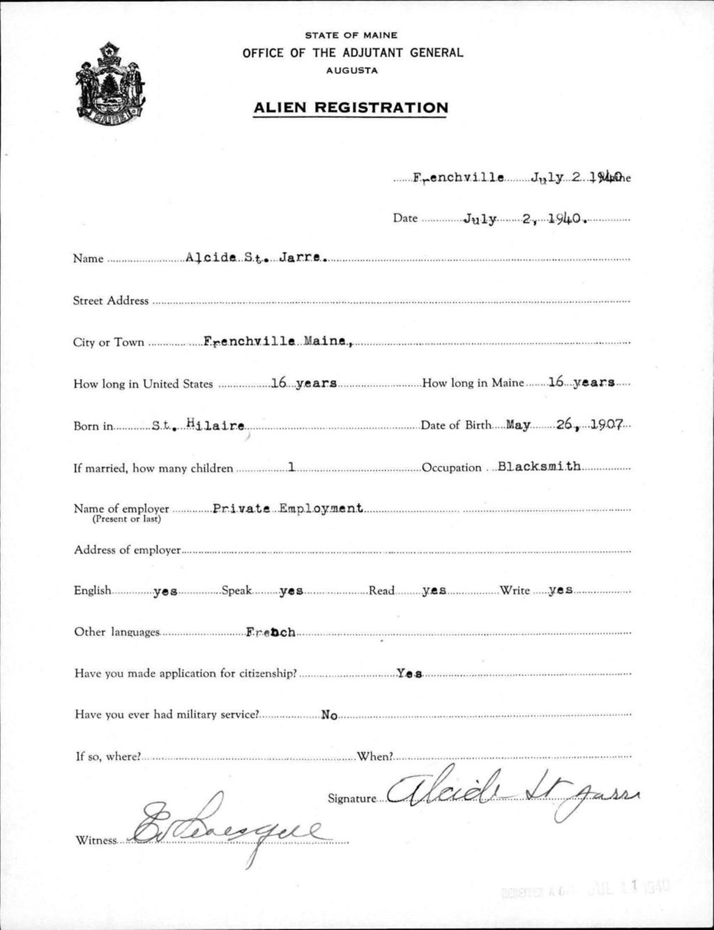 Miniature of Alien Registration- St Jarre, Alcide (Fort Fairfield, Aroostook County)