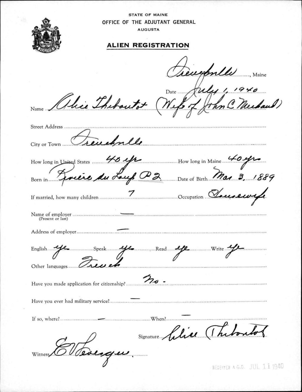 Miniature of Alien Registration- Thiboutot, Alice (Fort Fairfield, Aroostook County)